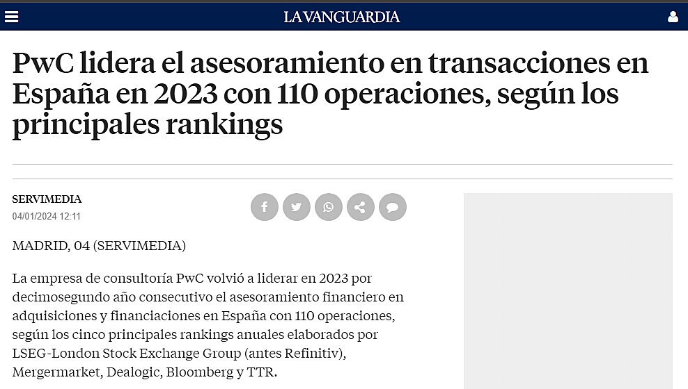 PwC lidera el asesoramiento en transacciones en Espaa en 2023 con 110 operaciones, segn los principales rankings